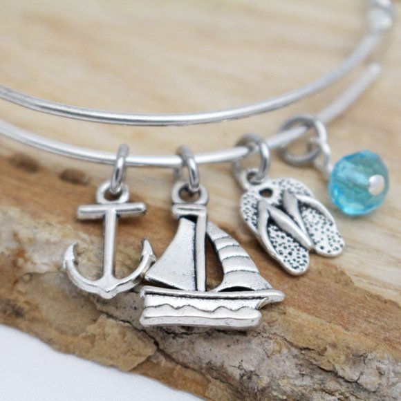 Anchor, Sailboat & Flip Flops - Charm Bracelet - Adjustable - Handcrafted - Picture 2 of 4